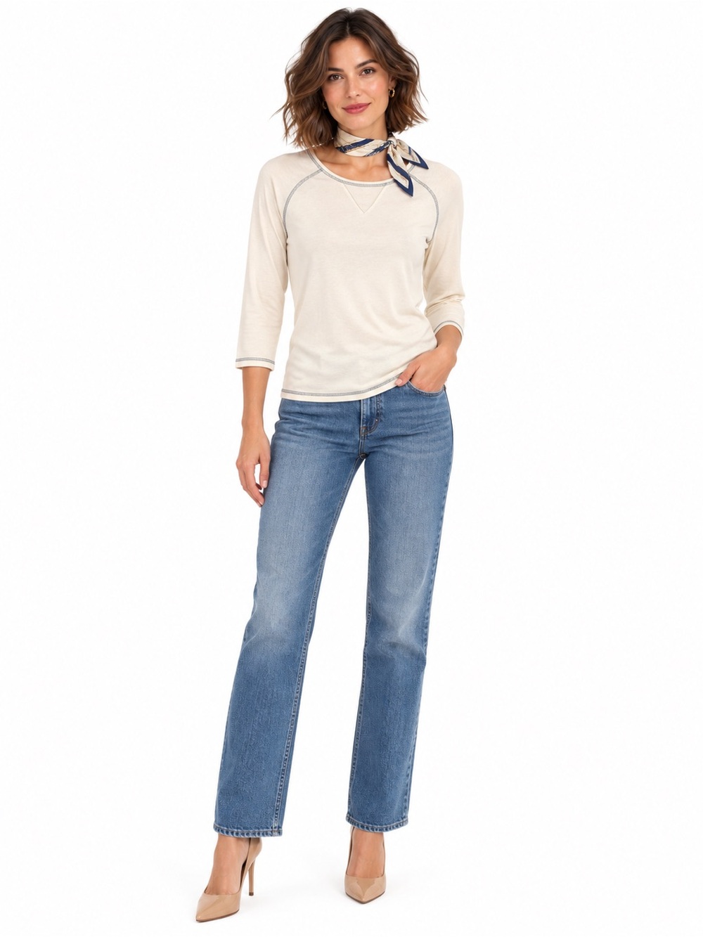 Norsport Women’s Ivory Cotton Raglan Top | Gray Contrast Stitching | Large
